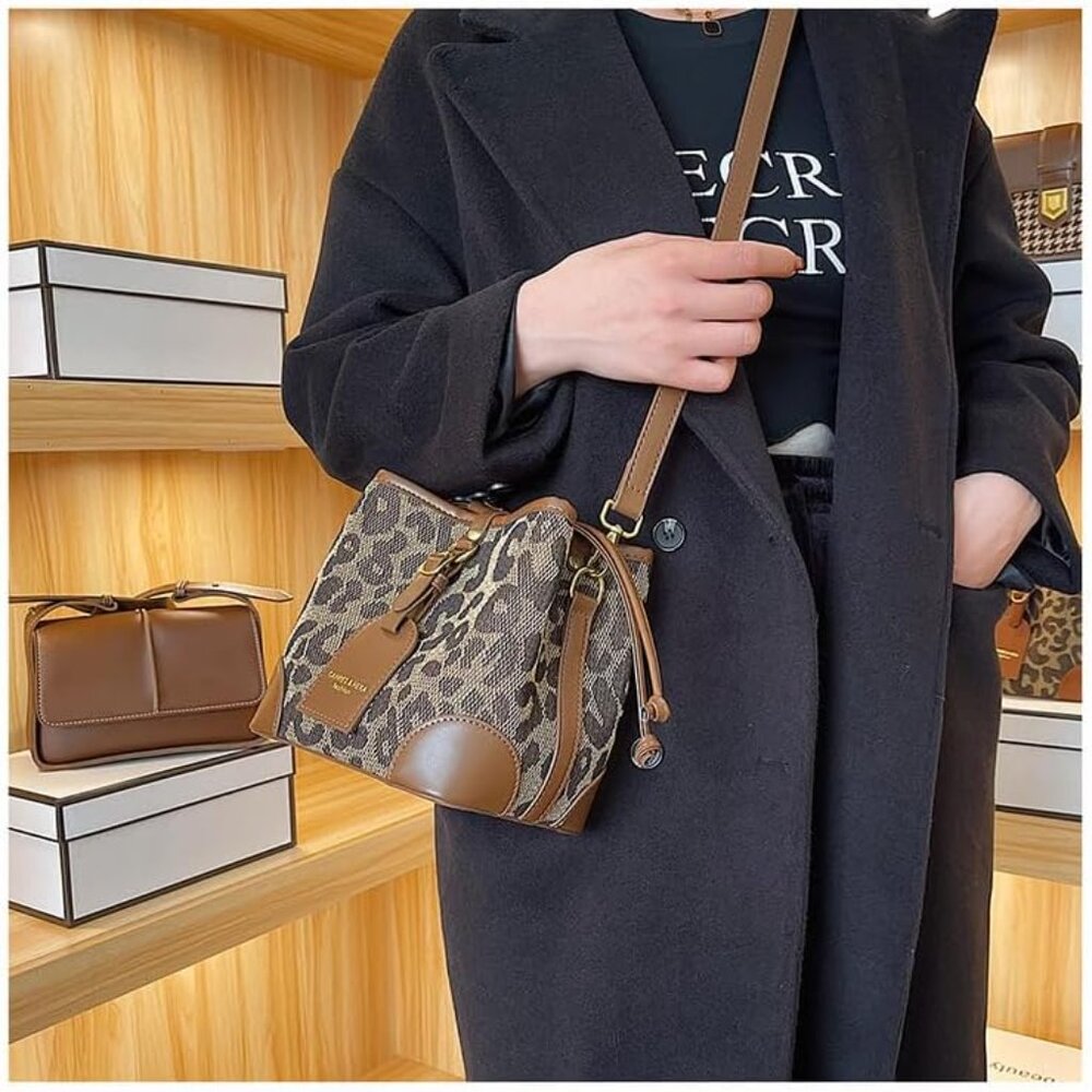 Leopard Print Drawstring Bucket Bag Faux Leather … - image 3